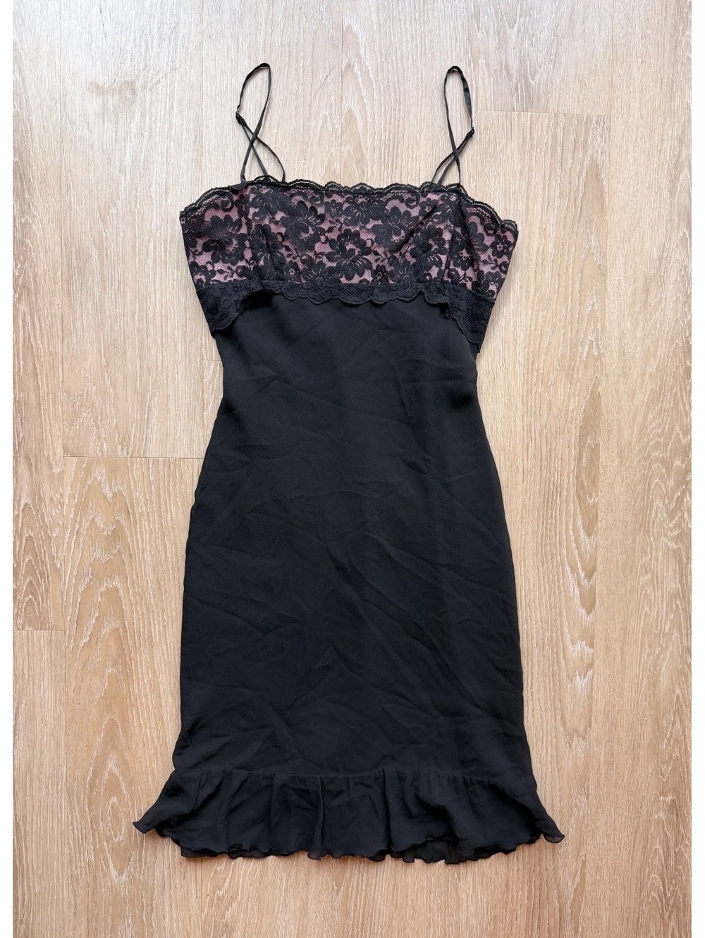 Y2K Vintage Express Black Pink Silk Lace Coquette Romantic Slip Dress